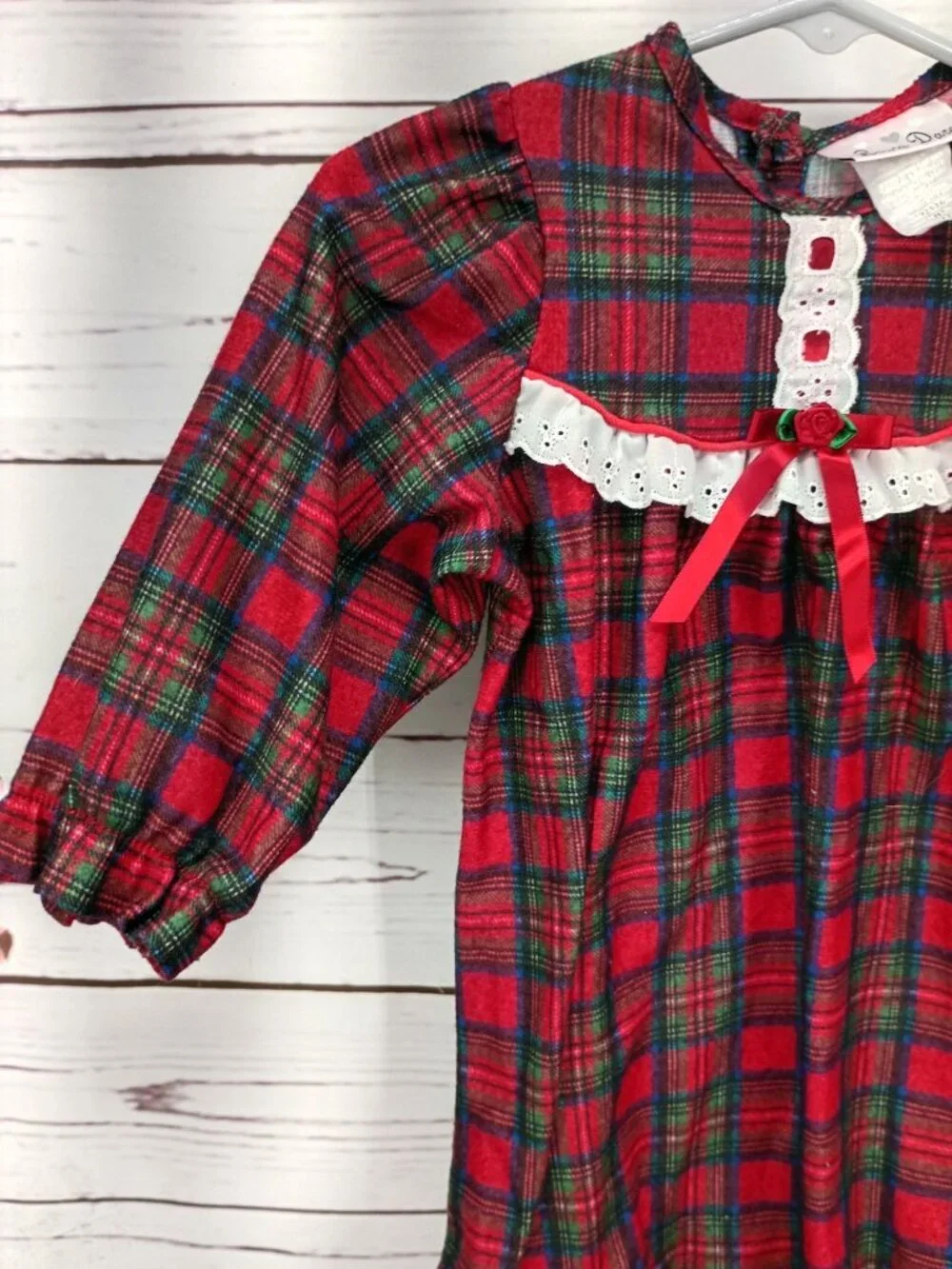 Vintage Laura Dare Toddler Girls Red Plaid Long Sleeve Dress With Lace & Bow Acc